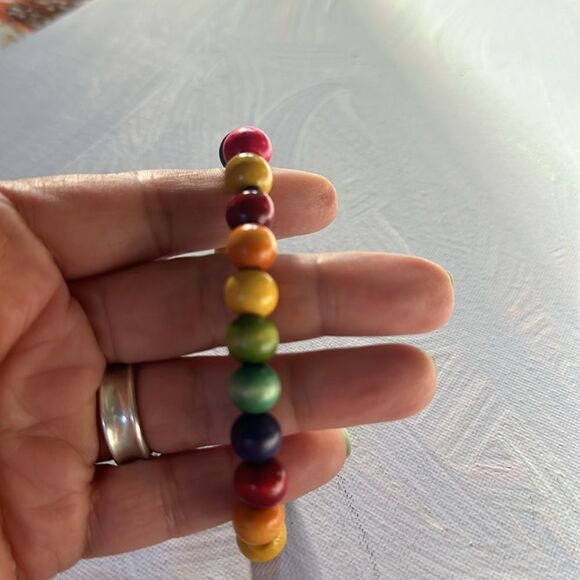 Free People Wood Beaded Bracelet Rainbow of Colors on Elastic Band - Picture 3 of 4
